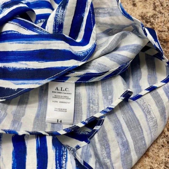 New A.L.C. Rue Stripe Ruched Silk Blend Dress in White Blue Size 14 - Picture 12 of 13